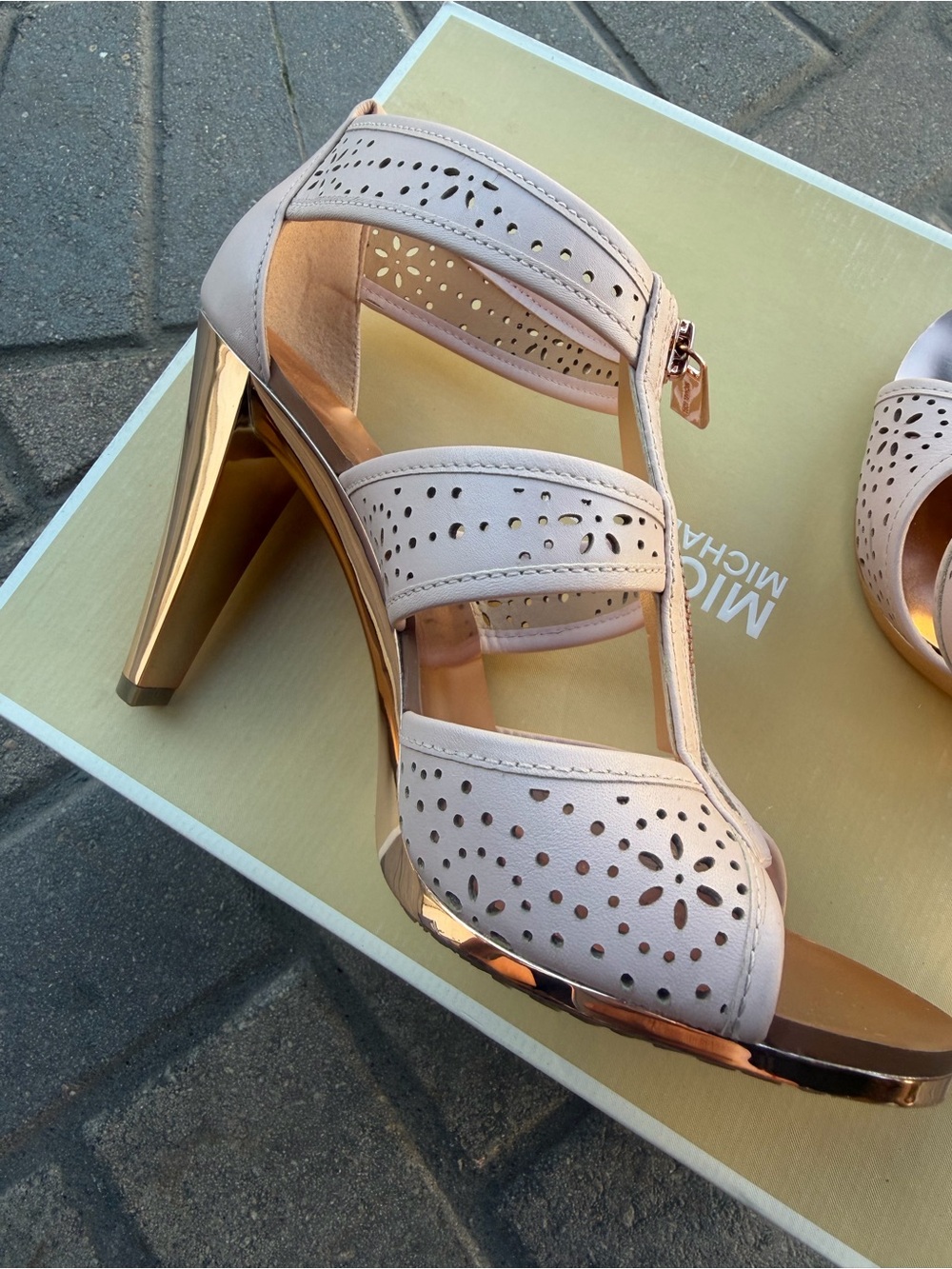 Michael Kors Blush Pink Perforated T-Strap Heels with Rose Gold Heel - Picture 5 of 10